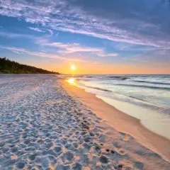 Zachód słońca nad morzem, piaszczysta plaża z ludzkimi śladami, las w tle. Idealne, fajne miejsce nad morzem dla dwojga na romantyczny spacer.