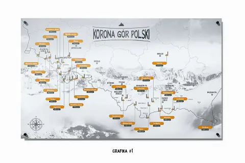 Mapa przedstawiająca Koronę Gór Polski z zaznaczonymi szczytami i ich wysokościami.