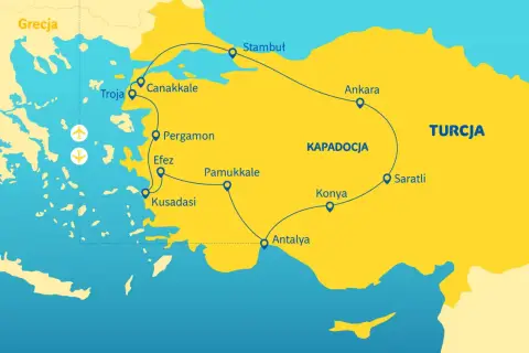 Mapa turystyczna Turcji z zaznaczonymi miastami: Stambuł, Ankara, Kapadocja, Saratli, Konya, Antalya, Pamukkale, Efez, Pergamon, Canakkale, Troja.