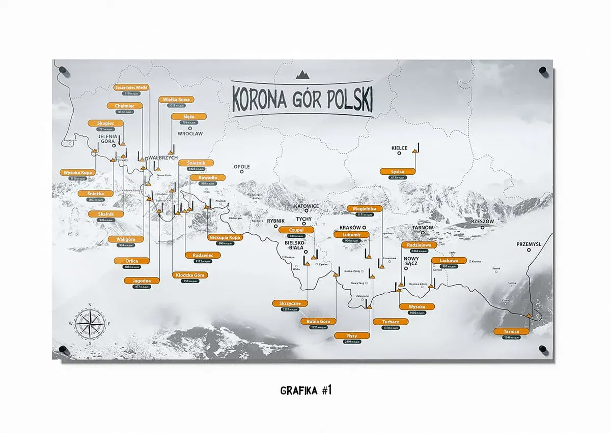 Mapa przedstawiająca Koronę Gór Polski z zaznaczonymi szczytami i ich wysokościami.